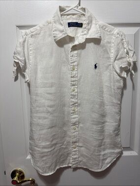 Polo by Ralph Lauren White Short-Sleeve Linen Button-Down Shirt with Navy Pony